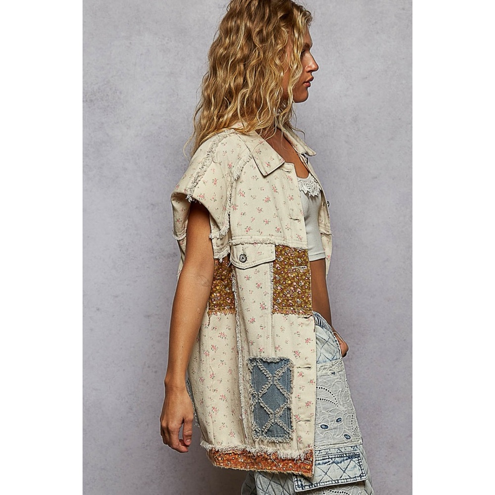 POL Cream Floral Patchwork Denim Vest | Long Mixed Fabric Boho Vest - Picture 3 of 5